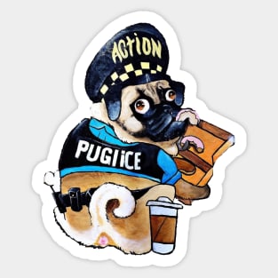 Cute police pug eating pink donuts Sticker